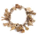 A 9ct charm bracelet, with clasp and one link stamped 375, with variously marked charms, 34.9g