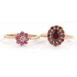 Two 9ct gemset rings: to include a 9ct ruby and diamond cluster ring, size M, 2.1g and a garnet