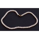 A cultured pearl necklace, the uniform round cultured pearls, each approx. 7mm diameter,with ball