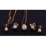 A group of cultured pearl jewellery to include a cultured pearl pendant, approx. 7mm diameter, on 9k