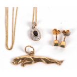 A mixed group of gold and gemset jewellery to include a 9ct panther pendant, stamped 375 and 9ct