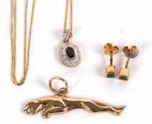 A mixed group of gold and gemset jewellery to include a 9ct panther pendant, stamped 375 and 9ct