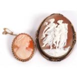 A 9ct oval shell cameo and another, one of two classical maidens and a child in unmarked yellow