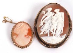 A 9ct oval shell cameo and another, one of two classical maidens and a child in unmarked yellow