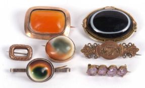 Seven brooches to include a carnelian speciment brooch in unmarked yellow metal mount, an oval