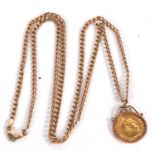 A sovereign necklace and chain, the 1912 sovereign collet mounted in unmarked yellow metal, on