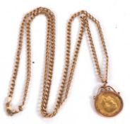 A sovereign necklace and chain, the 1912 sovereign collet mounted in unmarked yellow metal, on