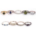 A mixed group of rings to include 8 silver and CZ rings and one gilt metal ring, (9)