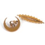 Two seed pearl brooches: the first an early 20th century 15ct navette shaped seed pearl set