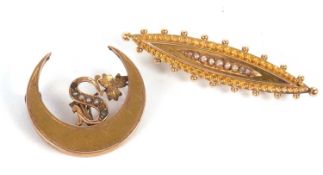 Two seed pearl brooches: the first an early 20th century 15ct navette shaped seed pearl set