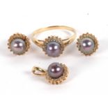 A 14k cultured grey pearl and diamond cluster suite, to include a ring stamped 14, size Q, approx.