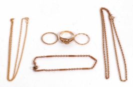 A group of mixed jewellery to include two 9ct necklaces, a 9ct bracelet, a 9ct ring and two other