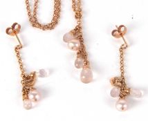 A 9ct Clogau, rose quartz and cultured pearl pendant and earrings, the chain set with three