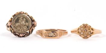 A 15ct ring and two others, the 15ct ring stamped 625. and hallmarked Birmingham 1922, 1.9g,