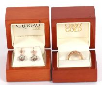 A 9ct and diamond Clogau 'Cariad' ring and a pair of Clogau earrings, the yellow and rose gold