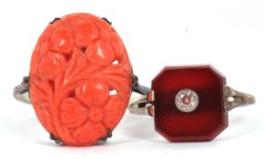 A 9ct coral ring and an agate and diamond ring, the oval carved coral cabochon, approx. 9.5mm
