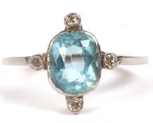 An aquamarine and diamond ring, the oval mixed cut aquamarine, approx. 8.2 x 6.5mm, collet mounted