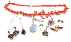 A mixed lot of gemset jewellery to include a coral branch necklace, a multi gemset pendant and