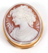 An 18ct mounted oval shell cameo brooch/pendant, carved with a bust of a lady, collet mounted with