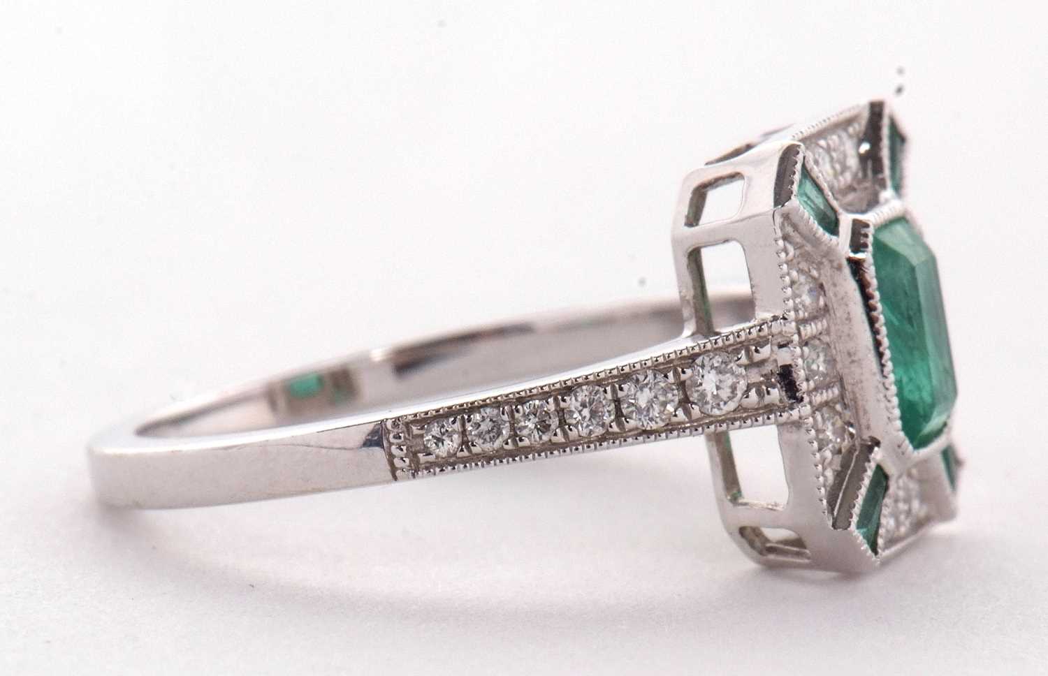 An 18ct emerald and diamond Art Deco style ring, the central emerald cut emerald surrounded by small - Image 4 of 6