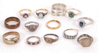 A group of various white, gilt metal and gemset rings, (13)