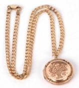 A 9ct necklace and a goldplated locket, the flat curblink style chain stamped 9kt to each end,
