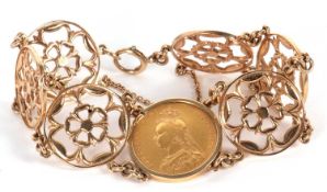 A 9ct mounted sovereign bracelet, the 1889 sovereign in mount stamped 375 (other marks worn), set to
