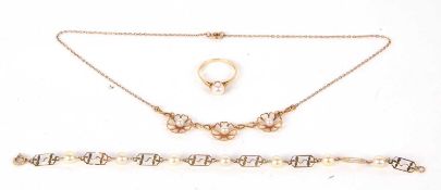A group of 9ct cultured pearl jewellery, to include a necklace set with three 9ct flowers with a