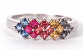 A 9ct gemset ring, set with multi colour gemstones, possbily synthetic sapphires, all claw mounted