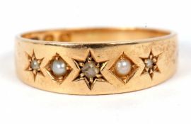 A late Victorian 18ct diamond and seed pearl ring, the alternating small round diamonds and seed