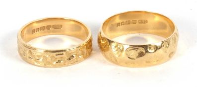 Two 18ct gold rings, the first 6.5mm wide, hallmarked London 1971, size O-P, 5.6g; the second with