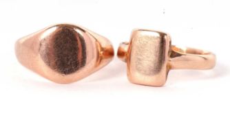 A 9ct rose gold ring and another, one stamped 375 (other marks worn), 2.4g; and another similar (