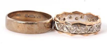 Two 9ct rings: to include a two tone white stone eternity ring, marks worn, indistinctly stamped