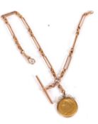 An 1810 20 Franc gold coin, in 9ct mount, on 9ct fancy link watch chain, with T-bar stamped 9.375,