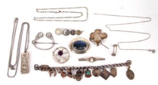 A quantity of silver and white metal jewellery, to include a silver ingot pendant, a charm bracelet,