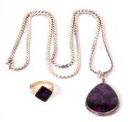A Blue John ring and pendant, the square plaque ring with closed back, ridged shoulders and plain