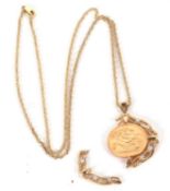 A sovereign necklace, the 2001 sovereign in diamond set mount with fixed tapered bale stamped 375
