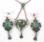 A green enamel and silver necklace and similar earrings, the nekclace with green enamelled panel and