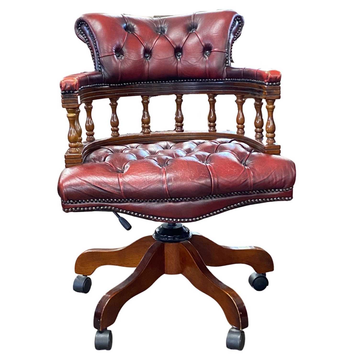 A 20th Century red leather upholstered revolving Captains style office chair, 65cm wide - Image 2 of 4