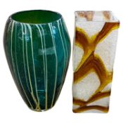 A green Art Glass vase the green ground with a striped design together with a square shaped vase