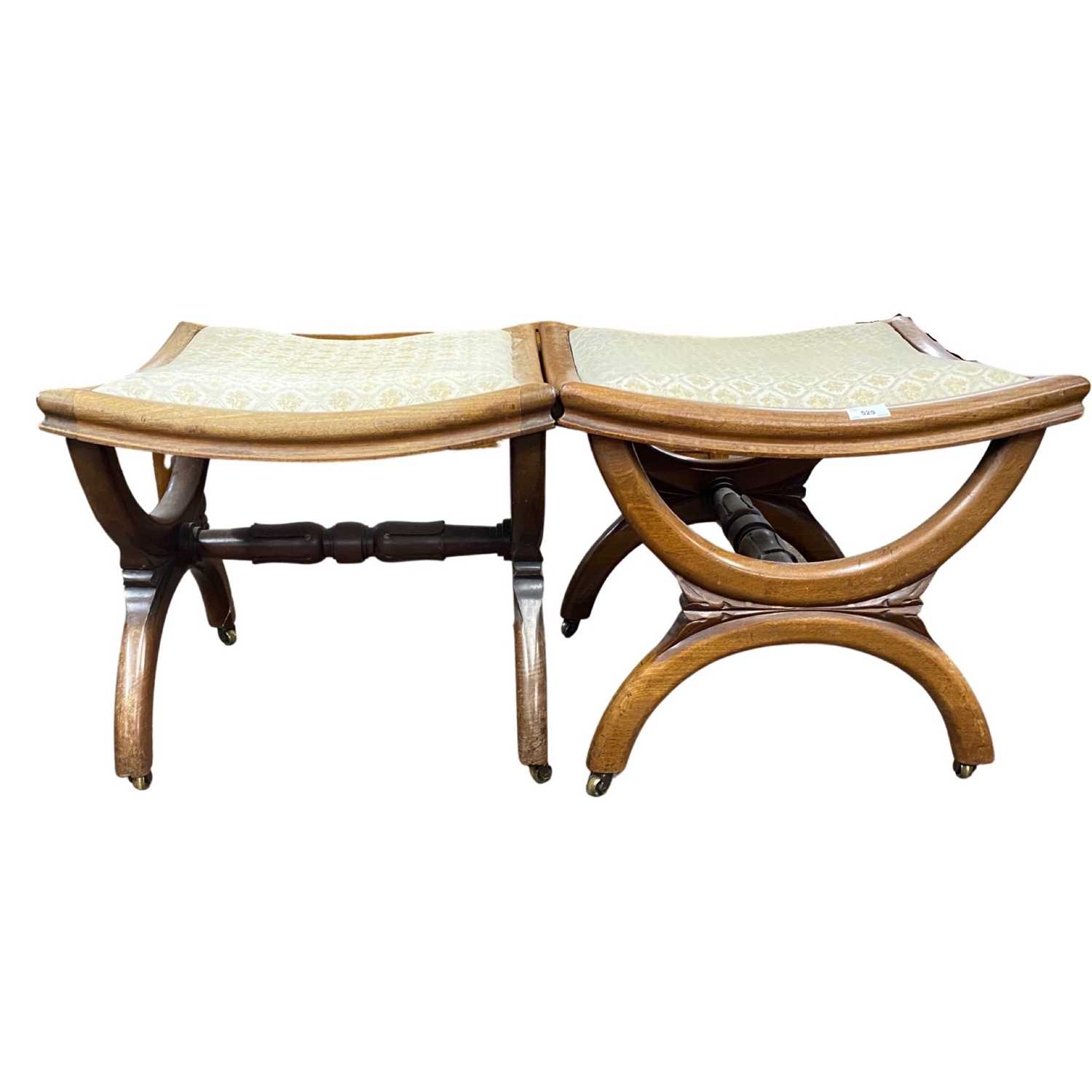 Pair of 19th Century Thebes style mahogany stools with upholstered tops over X formed frames with - Image 3 of 4