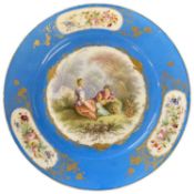 Sevre style plate with central painted decoration of a young boy and girl with floral borders,