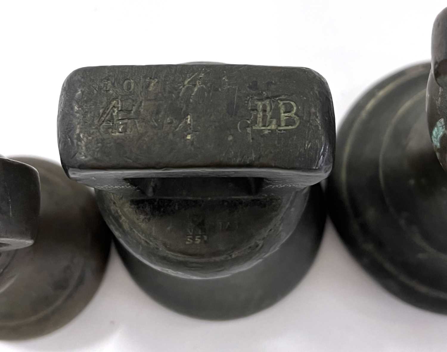 Five bronze weights stamped for GR & ER, all with various weights and measures stamps - Image 3 of 12