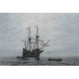 Michael Morley (British, b.1937), The Mayflower anchored off New England, pastel, monogrammed,