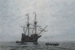 Michael Morley (British, b.1937), The Mayflower anchored off New England, pastel, monogrammed,