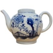 Lowestoft teapot with blue and white painted decoration of fence and flowers (cover lacking)