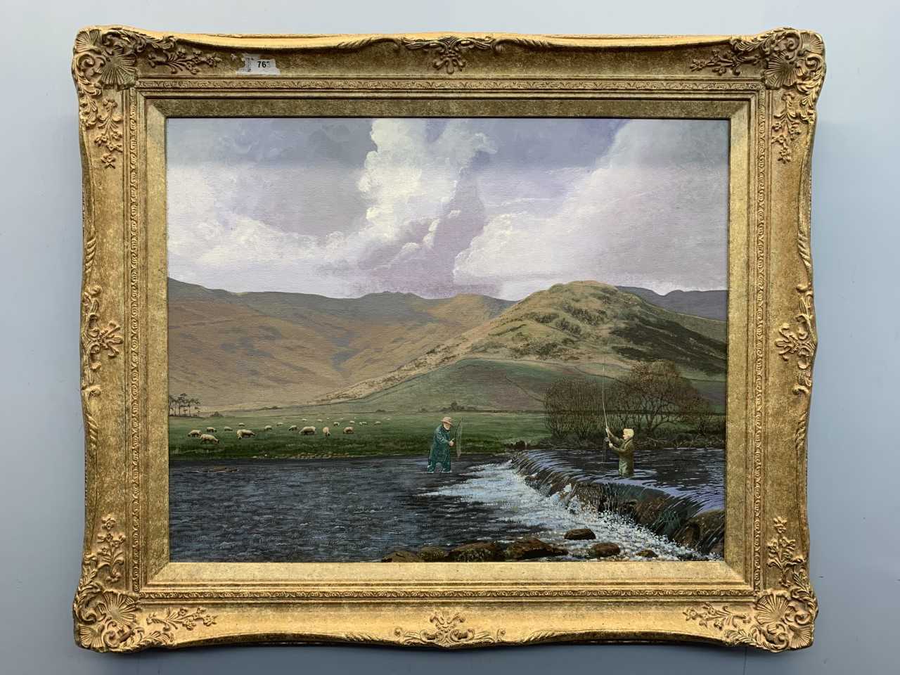 Michael Morley (British, b.1937), river fishing, acrylic on board, monogrammed, 19x15ins, framed. - Image 2 of 2