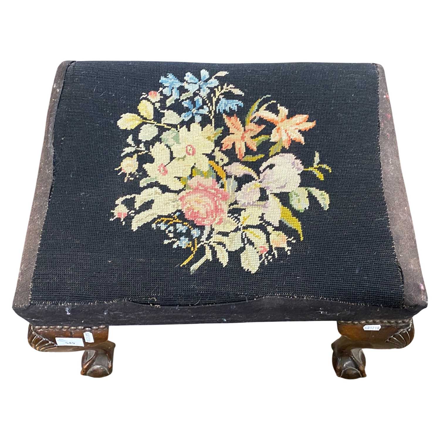 A Georgian style stool of rectangular form with tapestry top raised on cabriole legs with ball and - Image 2 of 6