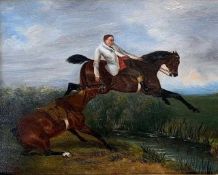 Naive School (British), circa 19th century, a horseman leaps across water with another horse in tow,