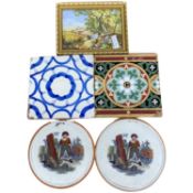 Pair of 19th Century tiles, porcelain plaque with landscape scene and two further Victorian circular